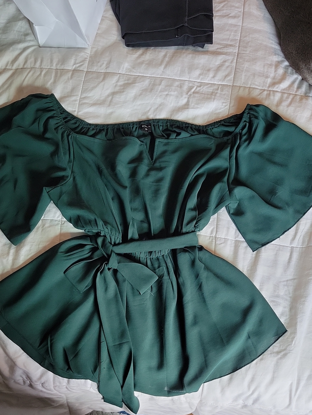 Dark Green Flutter Sleeve Belted Women’s Peplum Blouse